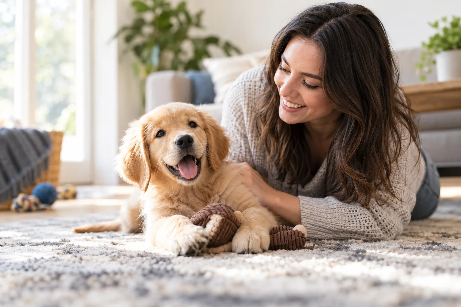 Owner sitting on the floor beside a small golden-colored dog